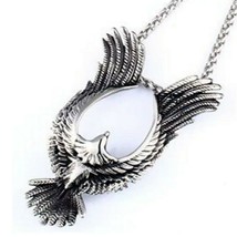 Large Phoenix Necklace Silver Stainless Steel Firebird Falcon Pendant &amp; Chain - £22.44 GBP