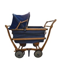 1920s Trav-L-EEZ Wooden Pram Baby Buggy Carriage w/ Blue Fabric Canopy &amp;... - $326.89