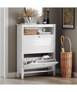 White 2 Flip-Drawers Shoe Cabinet, Shoe Rack with Shutter Doors - £344.34 GBP