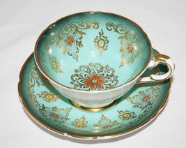 Amazing Paragon Turquoise Teal Tea Cup &amp; Saucer Set Orange Yellow Beading - £104.44 GBP