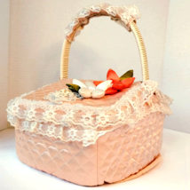 Vtg Wicker Sewing Picnic Basket Quilted Pink Satin Lace Floral Applique ... - $23.36