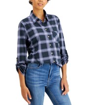 MSRP $34 Just Polly Juniors&#39; Button-Front Plaid Knit Shirt Blue Size XS - £7.70 GBP