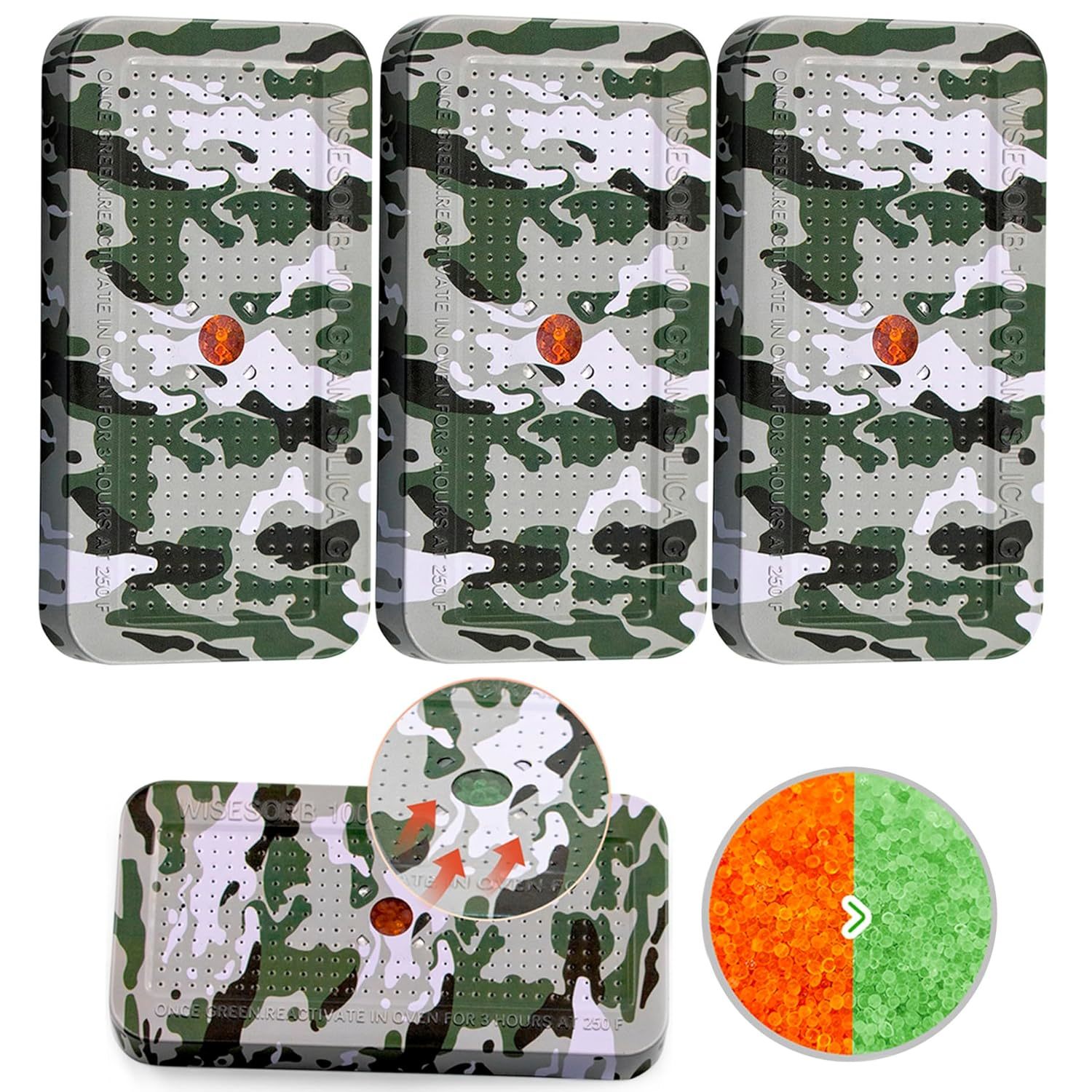 100 Gram Gun Safe Dehumidifier, Pack Of 3 Camouflage Pattern Reusable Silica Gel