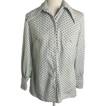 Vintage 70s Button Up Knit Blouse M White Blue Polka Dot Large Point Collar - £29.27 GBP