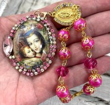 Pink Rhinestone Madonna and Child Glitter Cameo Locket Ornament Bracelet Pendant - £108.91 GBP