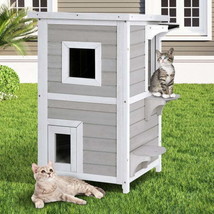 Wooden Cat House 2-Story with Escape Door Rainproof - £104.79 GBP