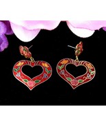 FLORAL RED OPEN HEART Vintage PIERCED EARRINGS Cloisonne Enamel Goldtone... - $328.21 MXN