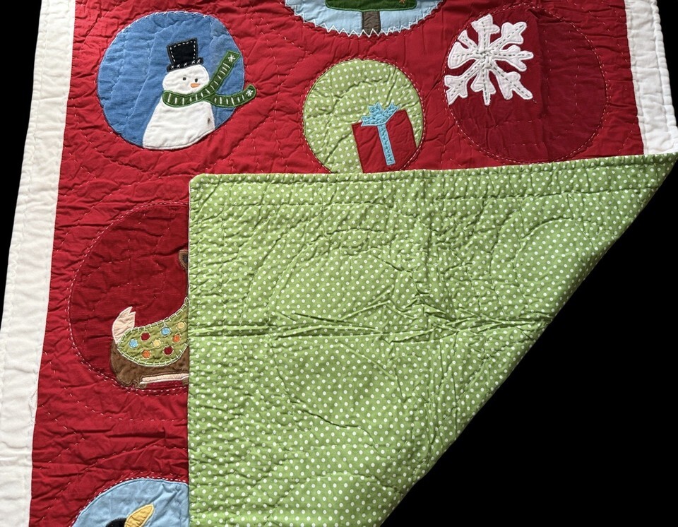 VTG Pottery Barn Kids Embroidered Velvet Christmas Santa Snowman Quilt 49x36” Item image 8