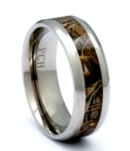 Men&#39;s Camo Wood Titanium Wedding Band or Gift 8mm Comfort Fit Hunter&#39;s Rings - £19.94 GBP