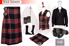 Traditional 8 yard Black Stewart Tartan kilt - Men&#39;s Scottish Highland kilt Set - £101.53 GBP