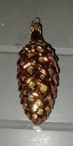 Vintage Mercury Glass Flocked Pine Cone Christmas Ornament 4&quot; Gold and Red - £10.15 GBP