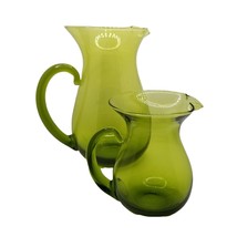 Vintage Olive Avocado Green Glass Pitcher Vase Set Large Small Decorative Accent - £21.53 GBP