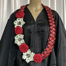 Graduation Money Lei Flower Deep Red &amp; Black Roses Four Braided Ribbons - £55.39 GBP