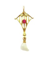 Antique Art Nouveau Deco 10K Yellow Gold Ruby &amp; Pearl Lavalier Pendant - £79.11 GBP