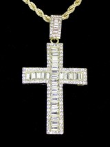 Iced CZ Cross Baguette Pendant 14k Gold Plated 24&quot; Rope Necklace Hip Hop Jewelry - £10.89 GBP