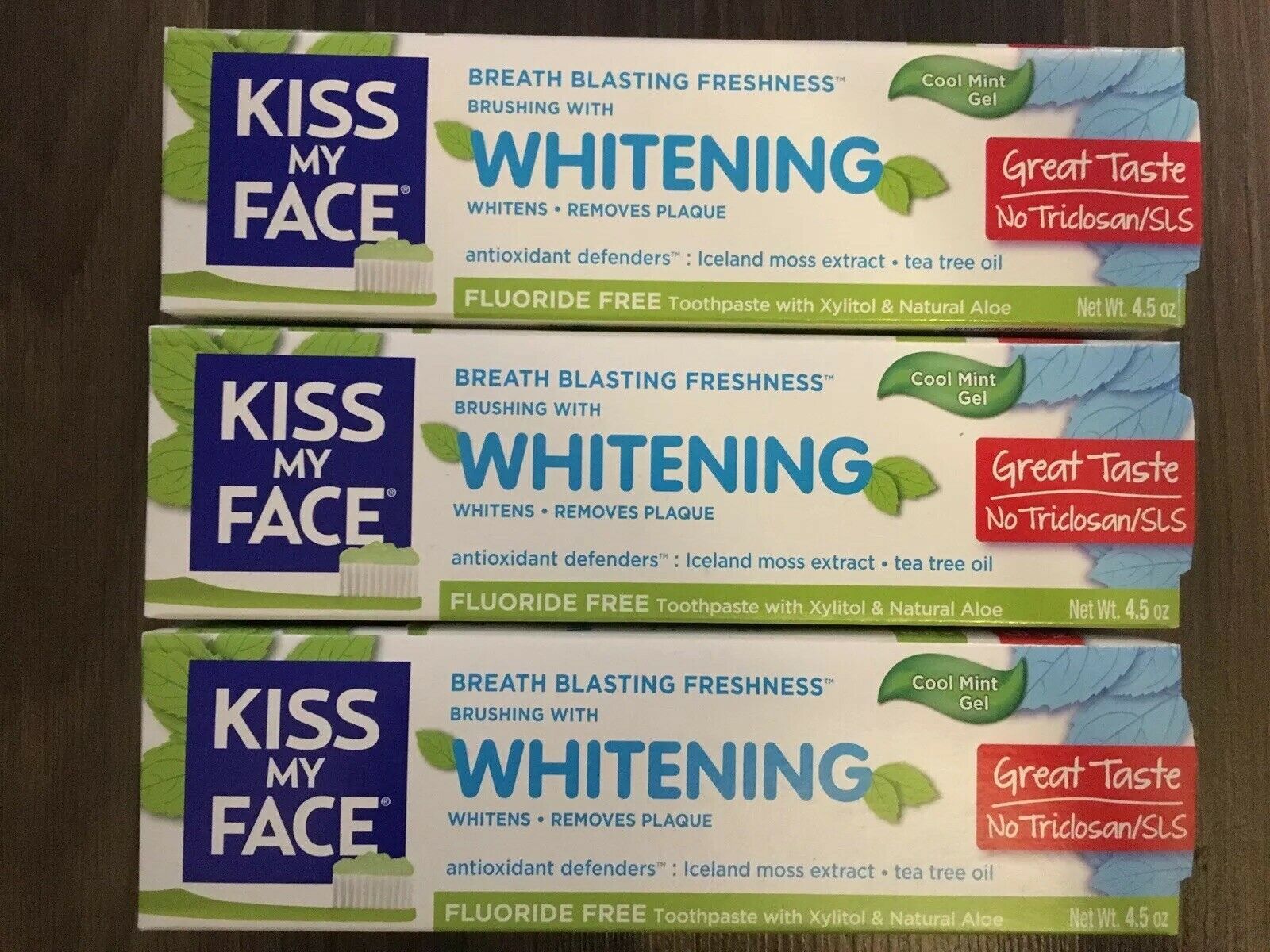 Lot Of 3 Kiss My Face Whitening Fluoride Free Toothpaste Cool Mint Gel 4.5 oz - $40.02
