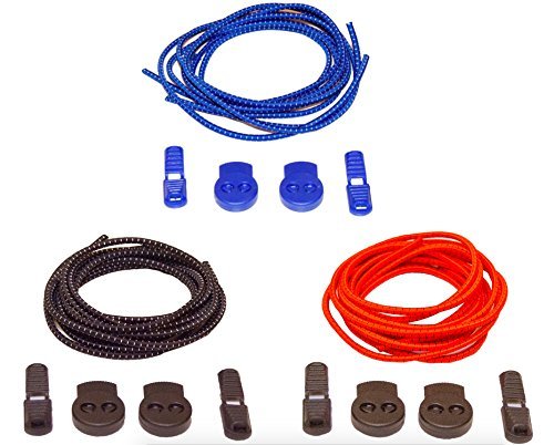 No Tie Elastic Shoelaces (3 Pairs: Red, Blue, Black) - Stretchy 39" Comfort Lace