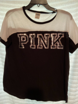 Pink By Victora&#39;s Secret Lady&#39;s T- Shirt Large BLACK/WHITE Silver Sequins B4 - £21.35 GBP