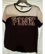 PINK BY VICTORA'S SECRET LADY'S T- SHIRT LARGE BLACK/WHITE SILVER  SEQUINS  B4 - $26.72