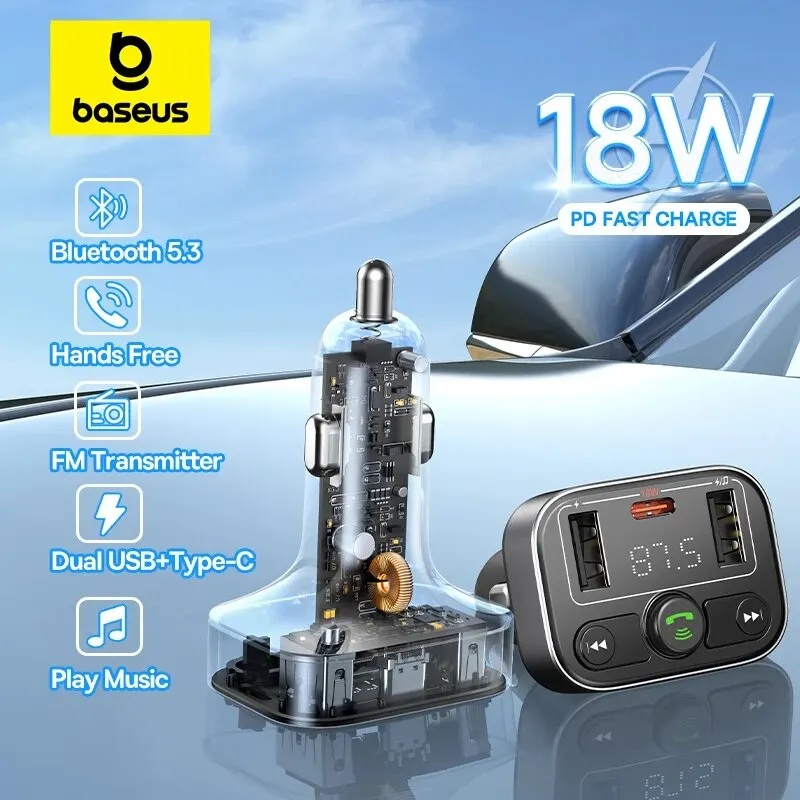 Baseus Bluetooth 5.3 FM Transmitter PD 18W Car Charger Dual USB Car Mp3 Player - £18.91 GBP