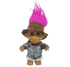 VINTAGE RUSS TROLL PURPLE COLOR HAIR JEAN OVERALLS &amp; PLAID SHIRT W/ BROW... - $9.50