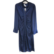 L&#39;Academie Button Up Midi Shirt Dress Shirring Satin Long Sleeve Collar Navy S - £22.86 GBP