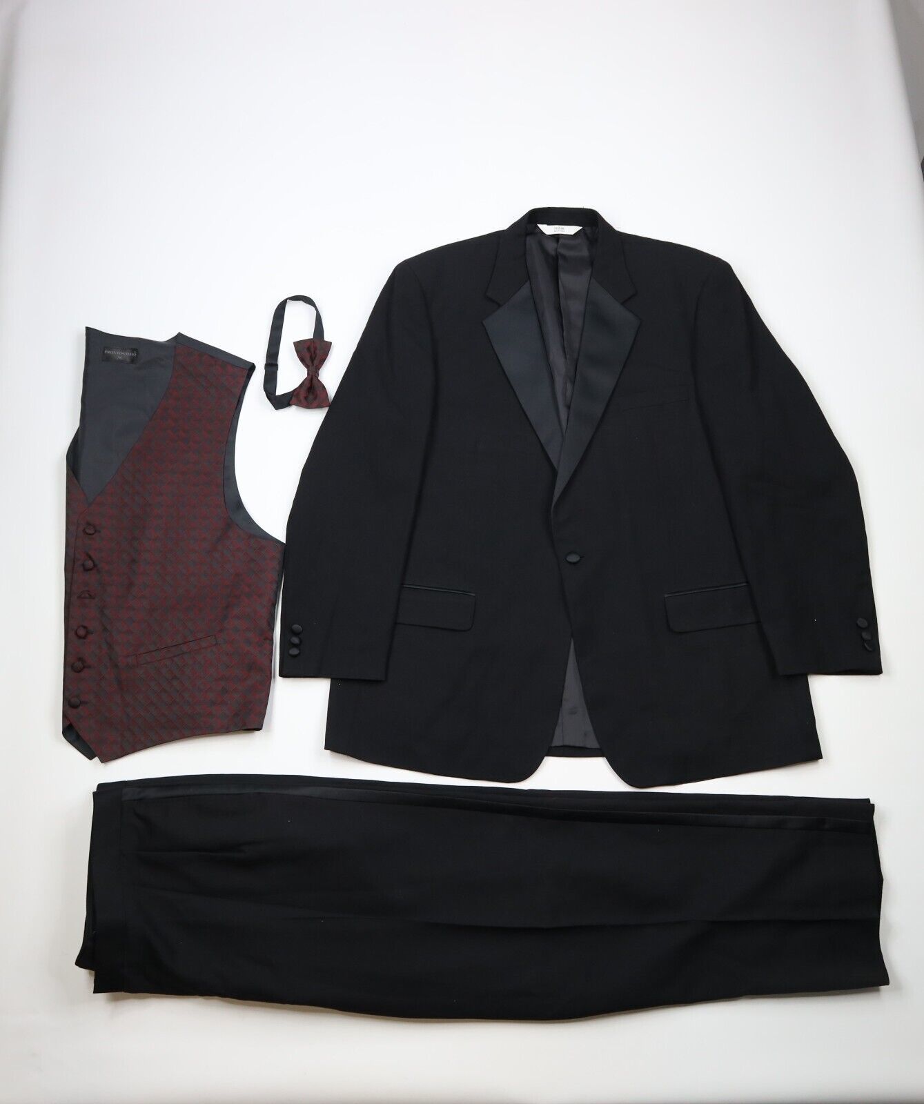 Primary image for Vintage Mens 46L 4 Piece Wool Satin Striped Tuxedo Suit Bow Tie Vest Black 41x29