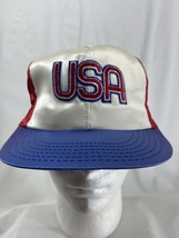 Vintage USA Embroidered Logo Satin Red White Blue Colorblock Hat Cap 80s... - $33.11