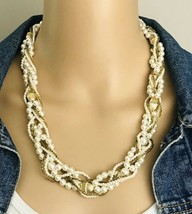 Vintage 60&#39;s Braided Faux Pearl Golden Seed Bead Costume Necklace - £14.24 GBP