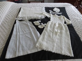 6-Pc. HAND CROCHETED WHITE Christening/Baptism Outfit w/Blanket &amp; HEIRLO... - $25.00