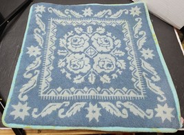 Vintage 1960&#39;s Blue Needlepoint Wool Pillow Sham w/ Roses &amp; Leaves - £22.85 GBP