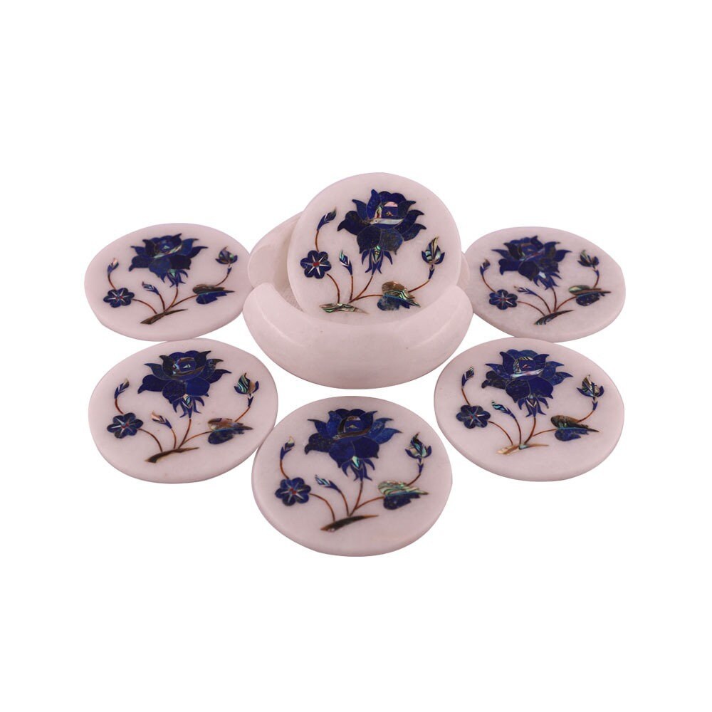 Marble Coffee Tea Coaster Set Semiprecious Stone Inlay Patio Tables Decor Gifts  - $158.00