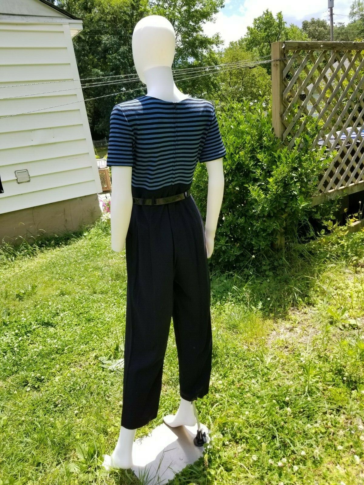 Vintage 90s Balck pant stripe top French nautical jumpsuit romper belted W28" Item image 2