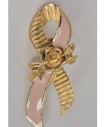 Pink Ribbon Gold Tone Breast Cancer Awareness Vintage Lapel Pin 2&quot; - $216.78 MXN
