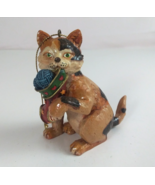 Vintage Hand Carved &amp; Painted Calico Kitty Cat With Yarn 3.5&quot; Ornaments - $177.75 MXN