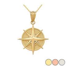 14K Solid Yellow Gold Nautical Compass Pendant Necklace - £159.76 GBP+