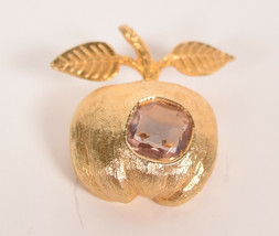 Vintage Gold Tone Apple Pin w Purple Amathyst Crystal - £28.40 GBP