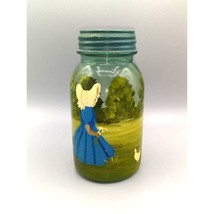Vintage Hand Painted Blue Jar, Ball Perfect Mason 1, Metal Lid, Girl in Bonnet - £59.99 GBP