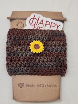 Happy Heart Treasures Sticker Coffee Cup Cozy Handmade Crochet Brown Sun... - $5.00