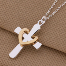 Cross with Gold Heart Pendant Necklace Sterling Silver and Gold - £9.66 GBP