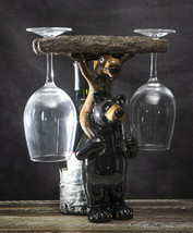Rustic Western Black Bear And Moose With Log Wine Glasses And Bottle Holder - £49.70 GBP