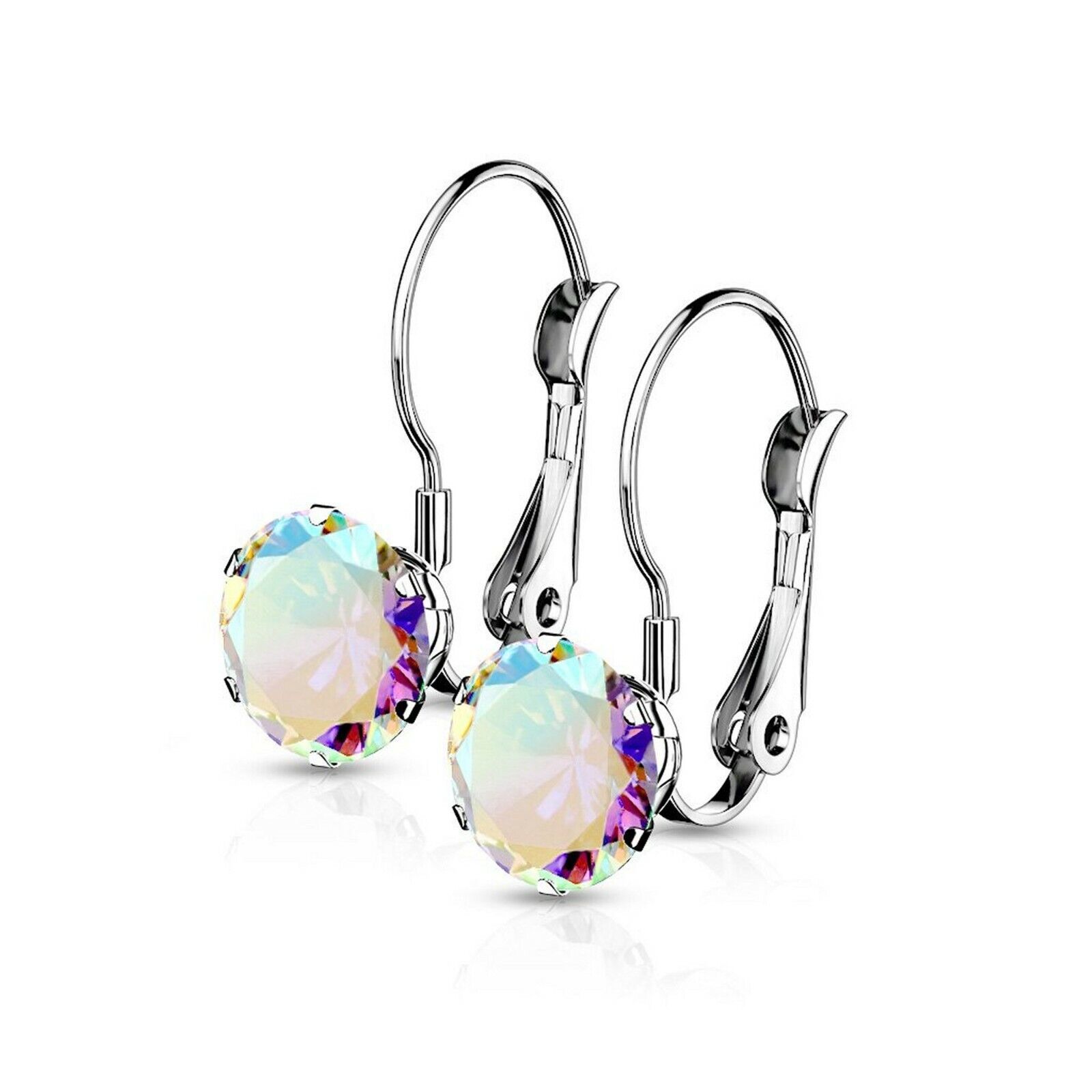 Primary image for Rainbow Cubic Zirconia Crystal Drop Earrings Leverback Silver Stainless Steel