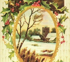 1970s Victorian Christmas Postcard Reproduction Winter Snow Scene and Holly - £2.97 GBP