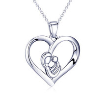 Holding Baby Mothers Love Heart Pendant Necklace in 14K White Gold Plated Silver - £36.93 GBP