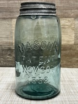 Antique Mason&#39;s Patent Nov 30Th 1858 Quart Jar Aqua Blue Glass w/ Zinc Cap - £20.48 GBP