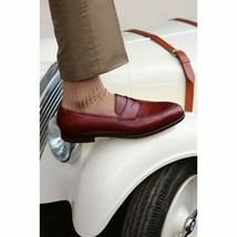 Burgundy Color Penny Loafer Slip On Vintage Leather Matching Black Sole Shoes - $149.99+