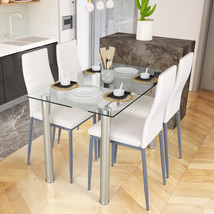 5 PCS Dining Table &amp; 4 Cushioned Chairs Set Tempered Glass Top Kitchen Breakfast - £292.29 GBP