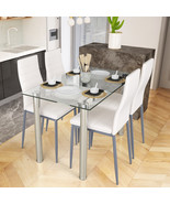 5 PCS Dining Table &amp; 4 Cushioned Chairs Set Tempered Glass Top Kitchen B... - $383.91