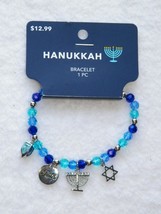 Blue Beaded Silver Charm Hanukkah Stretch Bracelet - £10.21 GBP