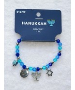 Blue Beaded Silver Charm Hanukkah Stretch Bracelet - £10.29 GBP